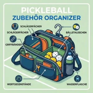 An illustration showing the internal layout and compartments of a pickleball zubehör organizer.