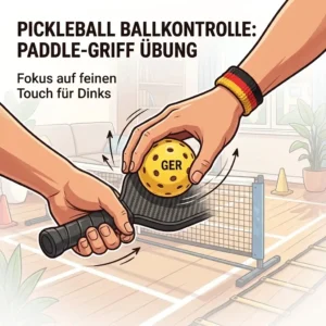 An illustration showing the correct paddle grip and ball control exercises during pickleball training zuhause.