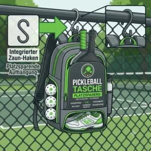 Illustration einer pickleball tasche platzsparend, die dank integriertem Haken platzsparend am Zaun des Spielfelds aufgehängt ist.