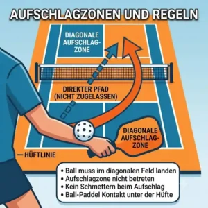 Close-up illustration focusing on pickleball aufschlag training for legal underhand technique below the waist.