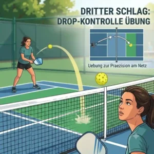 An action shot illustrating pickleball consistency drills, specifically practicing the third shot drop trajectory.