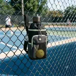 Illustration 2 demonstrating how to hang the pickleball flaschenhalter tasche on a court fence.