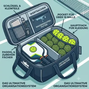 A top-down view showing the spacious interior of the pickleball tasche wasserabweisend filled with gear.