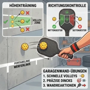 An illustration of a player practicing wall drills and volleys at home for pickleball training zuhause.