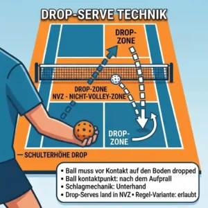 Comparison chart in a pickleball aufschlag training guide, showing the drop serve versus the volley serve.