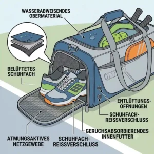 A focused view of the built-in ventilated shoe compartment of the pickleball tasche wasserabweisend.
