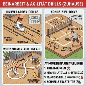 Agility ladder and footwork drills laid out in a living room for pickleball training zuhause.