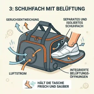 Illustration of a lightweight pickleball bag with a separate, ventilated shoe compartment.
