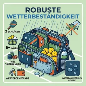 A graphic highlighting the waterproof material features of a rugged pickleball zubehör organizer.
