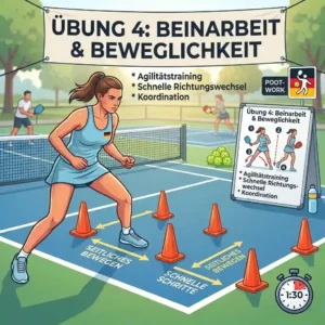 An agility drill sequence with a footwork grid and cones being used for a pickleball trainingsroutine.
