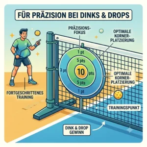 Illustration showing a net-mounted target system used as a pickleball trainingshilfe präzision to improve dinks and drop shots.