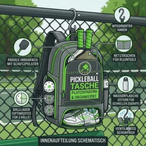 Querschnitt-Illustration eines belüfteten und pickleball tasche platzsparend Schuhfachs an der Unterseite der Pickleball-Sporttasche.