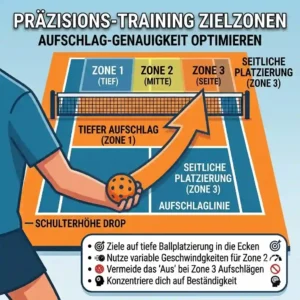 Pickleball aufschlag training infographic highlighting specific target zones for serve placement.