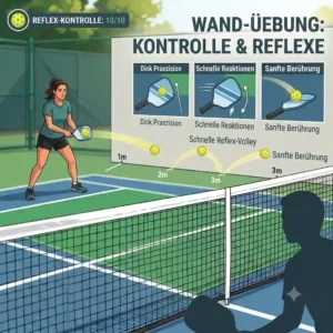 A player practices a solo pickleball drill for control by hitting against a practice wall.