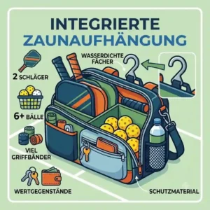 An illustration of a pickleball zubehör organizer hanging from a court fence hook.