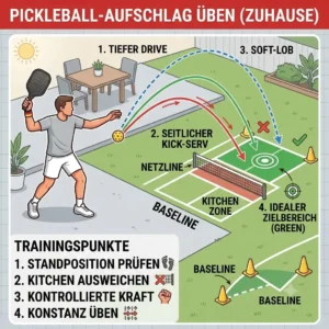 An illustration demonstrating the proper serving technique and targets for pickleball training zuhause.