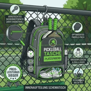 Vektorgrafik eines versteckten Sicherheitsfachs für Wertsachen an einer pickleball tasche platzsparend für Herren und Damen.
