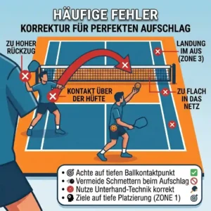 Illustration of common mistakes and corrections during pickleball aufschlag training.