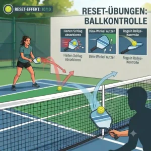 An illustration demonstrating pickleball control exercises designed for resetting hard shots into dinks.