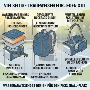 A vector drawing showing the pickleball tasche wasserabweisend with both backpack and shoulder strap options.