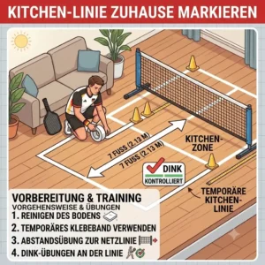 An illustration showing how to tape a temporary kitchen line on the floor for pickleball training zuhause.