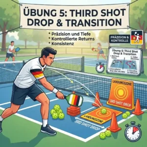 Diagrams and a close-up shot illustrating the technique for a successful third shot drop in a pickleball trainingsroutine.