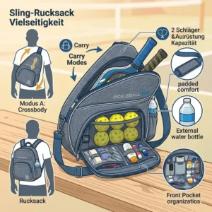 Skizze einer vielseitigen Pickleball Tasche für 2 Schläger, tragbar als Rucksack hoặc Umhängetasche.