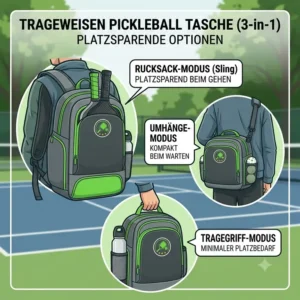 Skizze der verschiedenen ergonomischen Trageweisen einer pickleball tasche platzsparend als Rucksack und Crossbody-Sling-Bag.