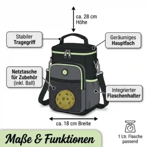 Illustration 6 presenting the detailed dimensions and capacity of the pickleball flaschenhalter tasche.