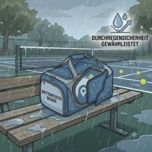 An outdoor shot of the pickleball tasche wasserabweisend sitting on a damp bench during light rain.