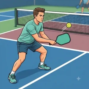 Illustration of a controlled volley at the kitchen line to improve reaction time for pickleball-volley-schlagtechnik-netz.