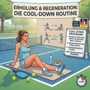 A player seated in a relaxed pose on a mat performing cool-down stretches to complete a pickleball trainingsroutine.