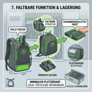 Infografik-Illustration, die zeigt, wie eine pickleball tasche platzsparend von einer vollen Form zu einem kompakten, faltbaren Paket für die Lagerung zusammengefaltet wird.