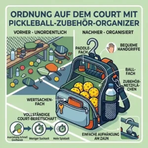 A lifestyle illustration demonstrating perfect court organization with everything in its place using a pickleball zubehör organizer.