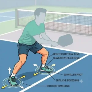 Graphic showing proper footwork and positioning to the ball for clean execution of pickleball-beinarbeit-court-positionierung.