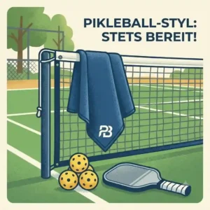 Concept illustration 7 showing the stylish look of a pickleball handtuch mikrofasertuch on the court net.