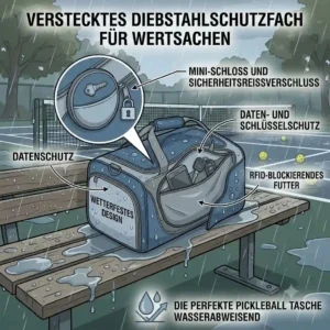A detailed view of the hidden, secure pocket of the pickleball tasche wasserabweisend for valuables.