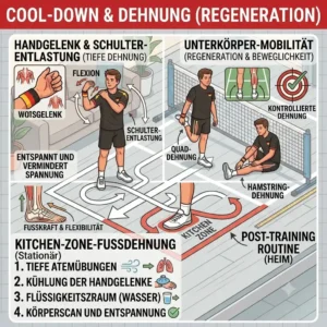 An illustration of essential cool-down stretches to perform after completing your pickleball training zuhause.