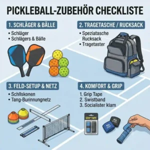 An informative infographic checklist displaying all items in a standard pickleball zubehör set.